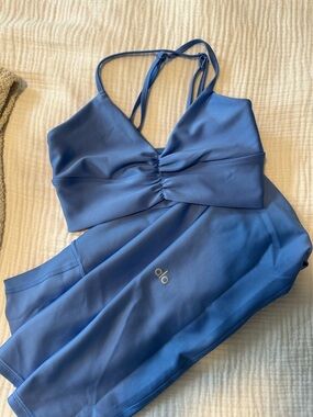 ALO Yoga Blue Ruched Strappy Sports Bra
